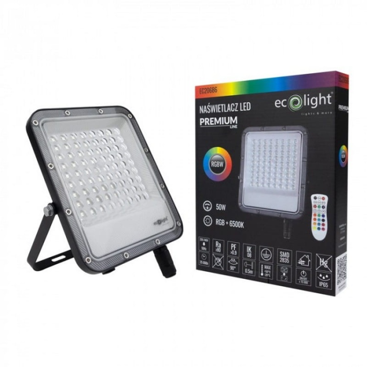Naświetlacz LED PREMIUM 50W RGB+6500K IP65 90° EC20686 ECOlight zestaw