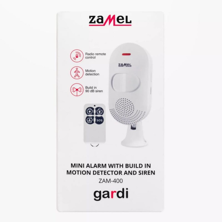 Mini alarm ZAM-400 z wbudowaną syreną sterowany pilotem Zamel opakowanie.jpg