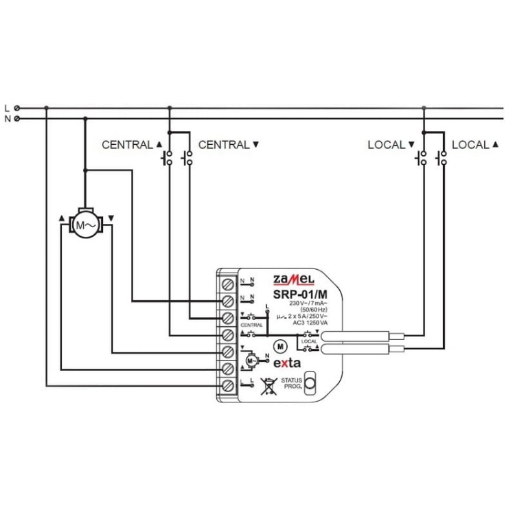Sterownik rolet dopuszkowy przewodowy miniaturowy Zamel SRP-01-M schemat.jpg
