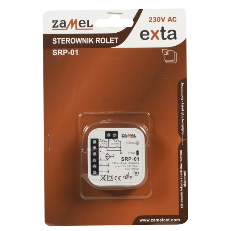 Sterownik rolet dopuszkowy przewodowy Zamel SRP-01 front.jpg opakowanie.jpg