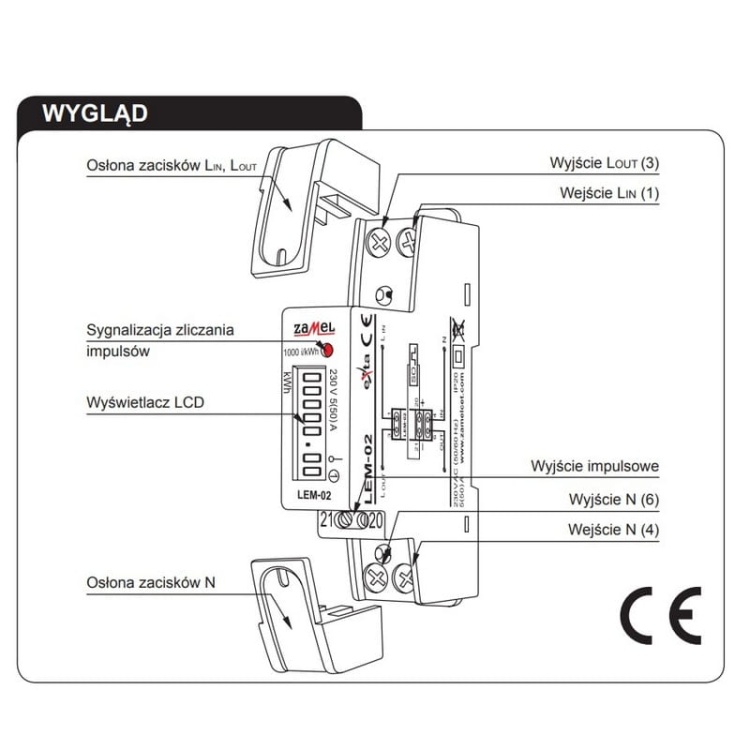 Licznik zużycia energii elektrycznej 1-fazowy 50A Zamel LEM-02 wygląd.jpg