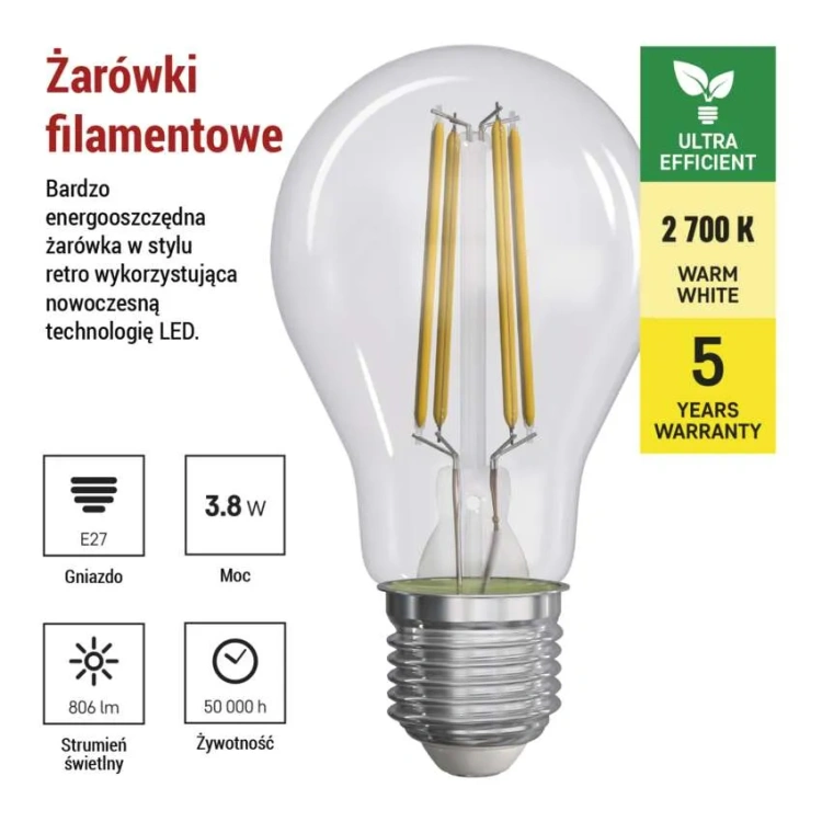 Żarówka E27 LED Filament A60 3,8W b. ciepła 806lm ZF5147 EMOS.jpg
