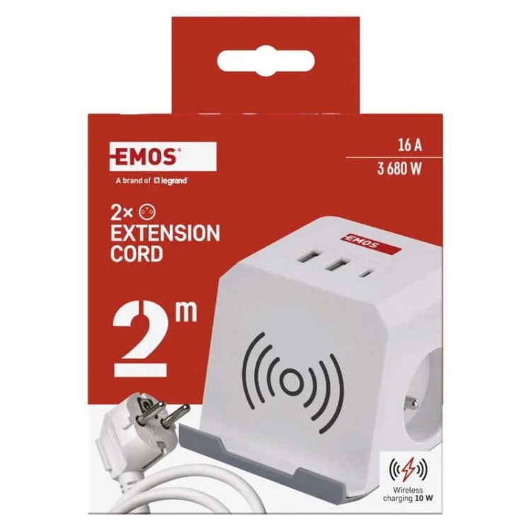 Przedłużacz 2×2P+Z ładowarka indukcyjna i 3xUSB 2m biały kostka EMOS P0212CQ opakowanie front.jpg