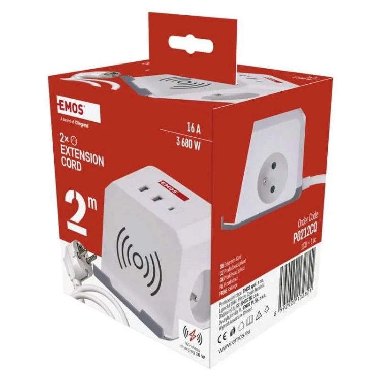 Przedłużacz 2×2P+Z ładowarka indukcyjna i 3xUSB 2m biały kostka EMOS P0212CQ opakowanie.jpg