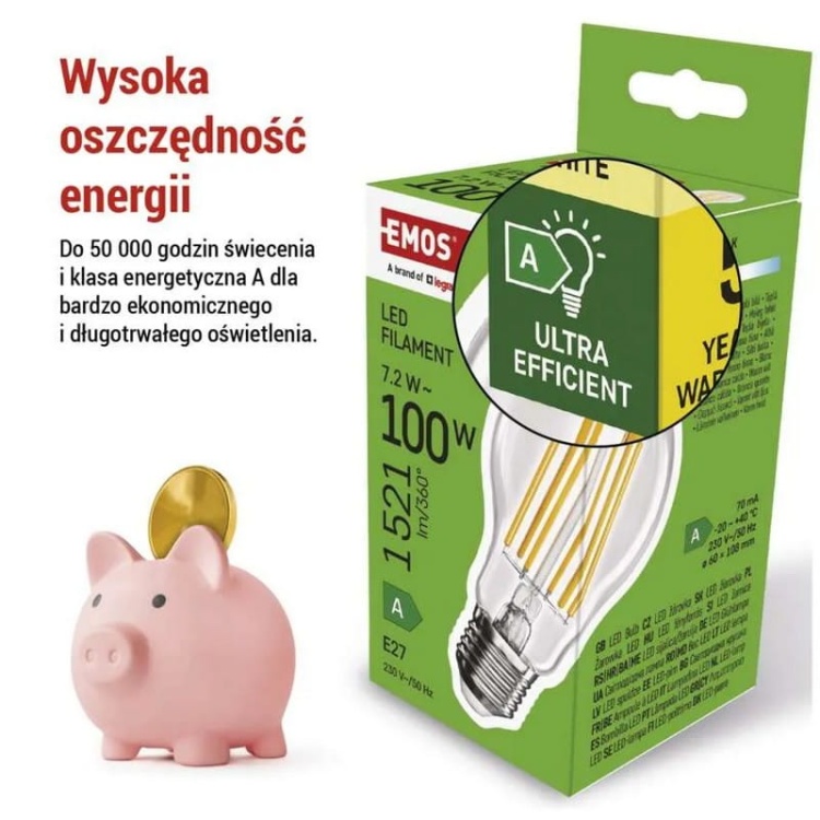 Żarówka E27 LED filament A60 7,2W=100W 1521lm biała ciepła 2700K EMOS ZF5167 informacje.jpg