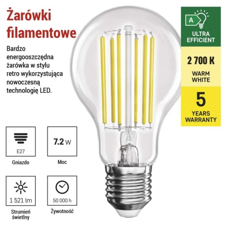 Żarówka E27 LED filament A60 7,2W=100W 1521lm biała ciepła 2700K EMOS ZF5167 inf.jpg