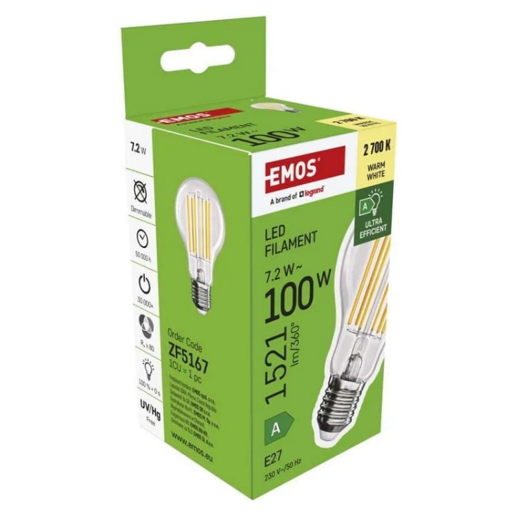 Żarówka E27 LED filament A60 7,2W=100W 1521lm biała ciepła 2700K EMOS ZF5167 opakowanie bok.jpg