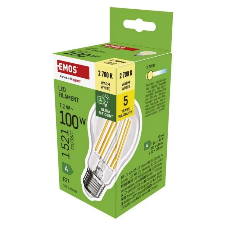Żarówka E27 LED filament A60 7,2W=100W 1521lm biała ciepła 2700K EMOS ZF5167 opakowanie.jpg