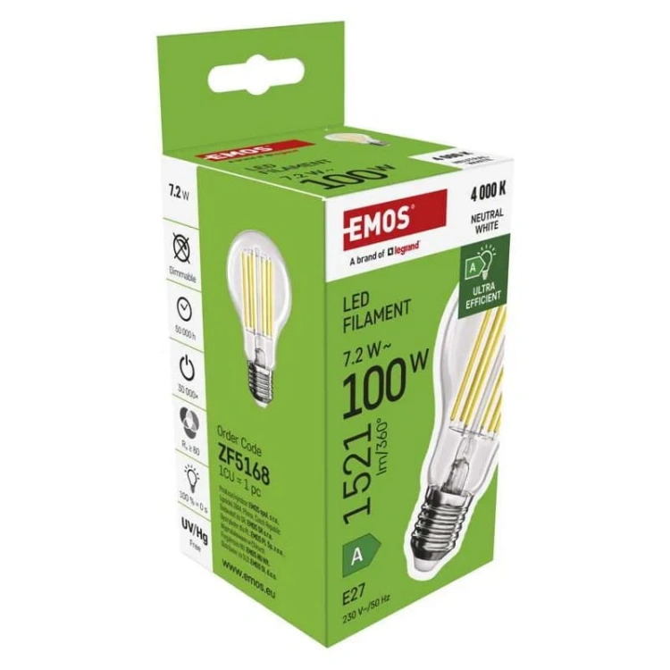 Żarówka E27 LED filament A60 7,2W=100W 1521lm biała neutralna 4000K EMOS ZF5168 opakowanie bok.jpg