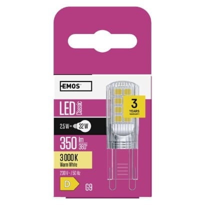 Żarówka LED G9 Classic JC 2,5W=32W 350lm 3000K ciepła biel EMOS