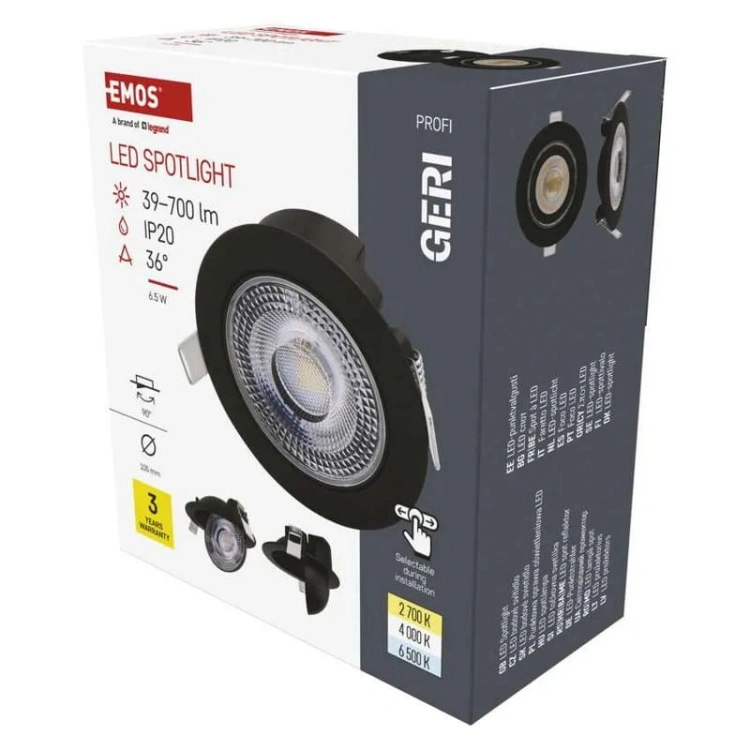 Oprawa punktowa LED GERI 6,5W CCT 700lm 36° czarna EMOS opakowanie