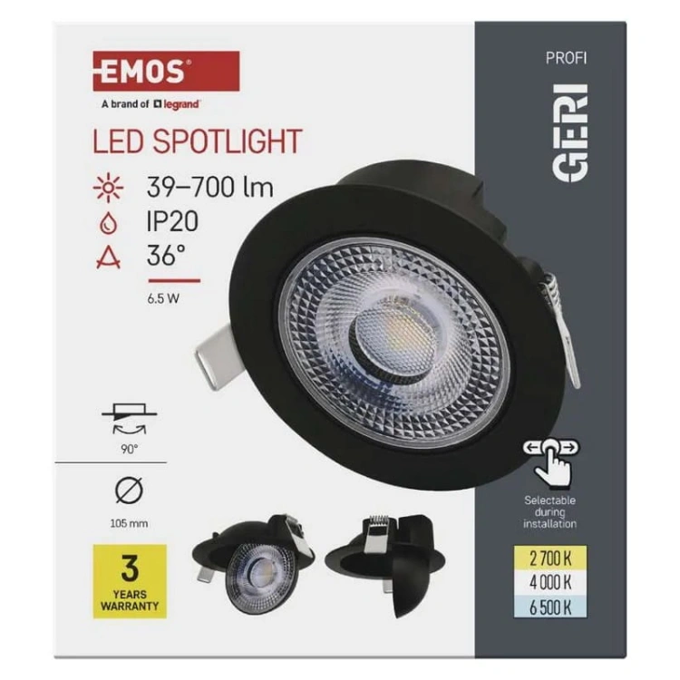 Oprawa punktowa LED GERI 6,5W CCT 700lm 36° czarna EMOS opakowanie front