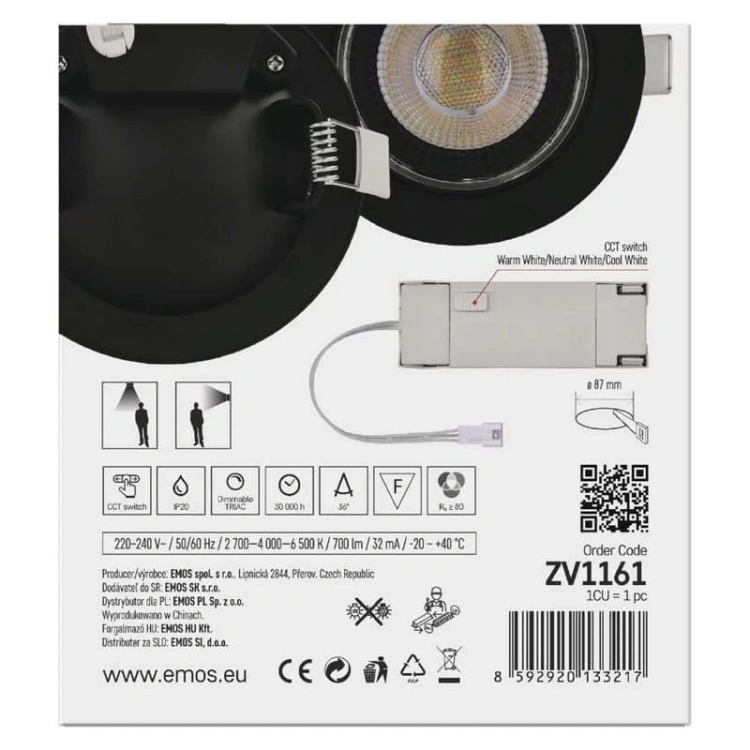 Oprawa punktowa LED GERI 6,5W CCT 700lm 36° czarna EMOS opakowanie tył