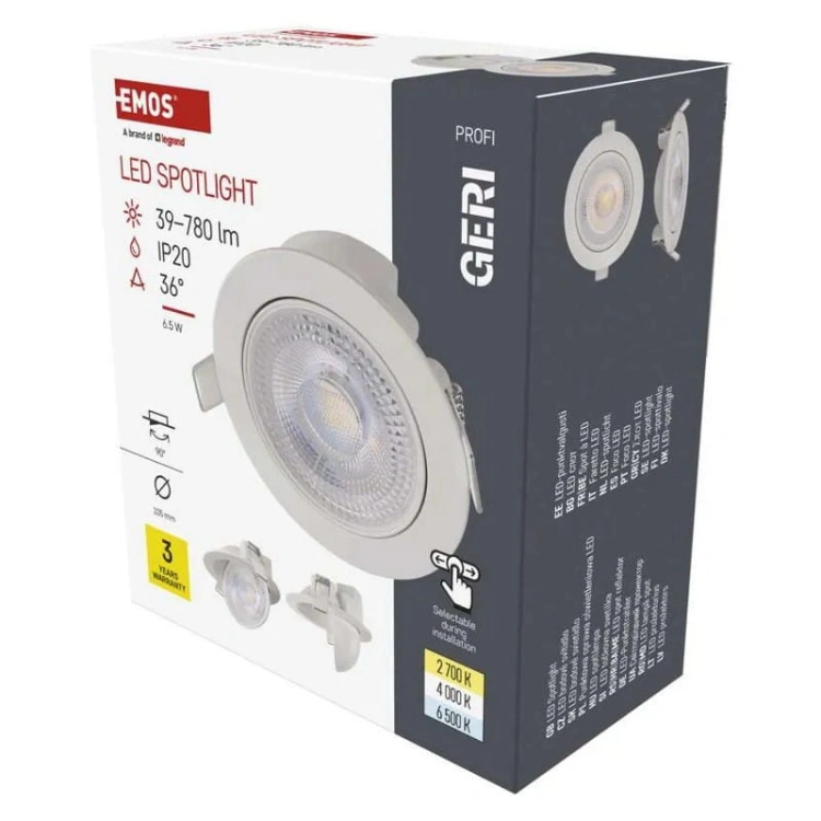 Oprawa punktowa LED GERI 6,5W CCT 700lm 36° biała IP20 EMOS opakowanie