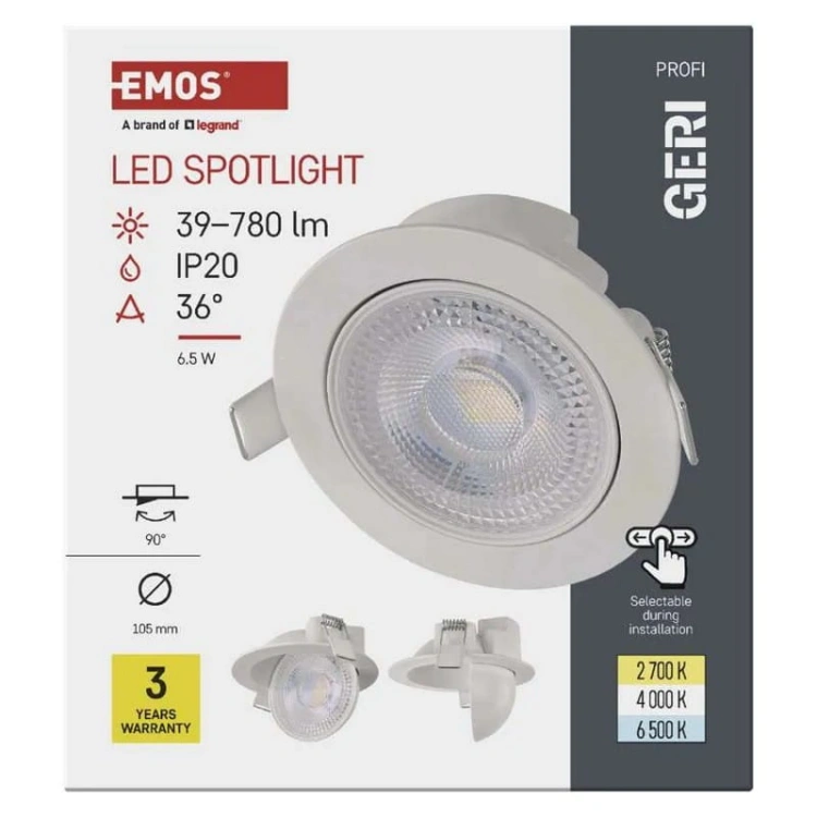 Oprawa punktowa LED GERI 6,5W CCT 700lm 36° biała IP20 EMOS opakowanie przód