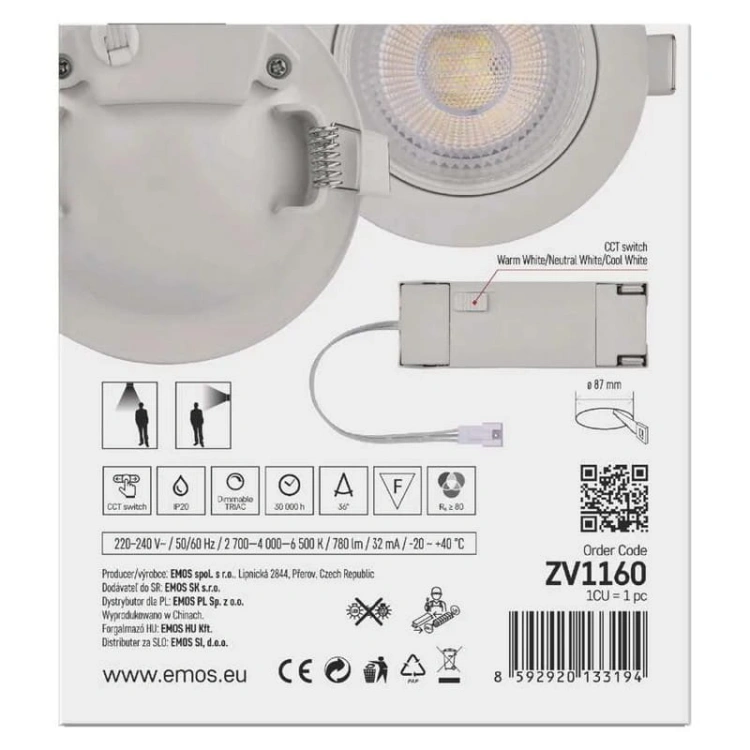 Oprawa punktowa LED GERI 6,5W CCT 700lm 36° biała IP20 EMOS opakowanie tył