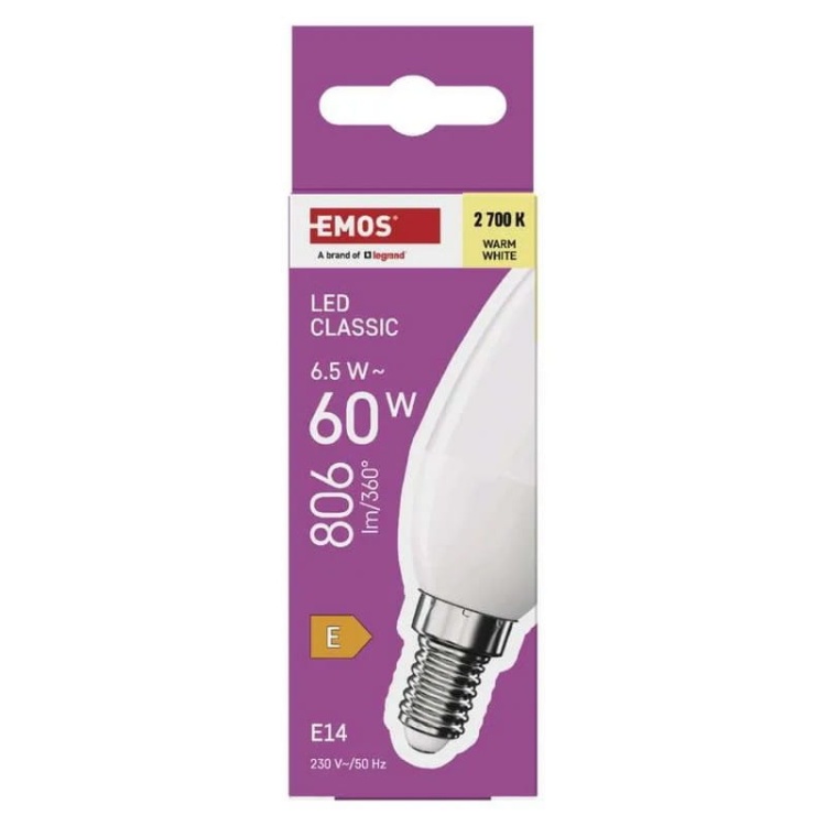Żarówka LED Classic świeczka E14 6,5W=60W 2700K 806lm EMOS ZQ3E41 opakowanie front