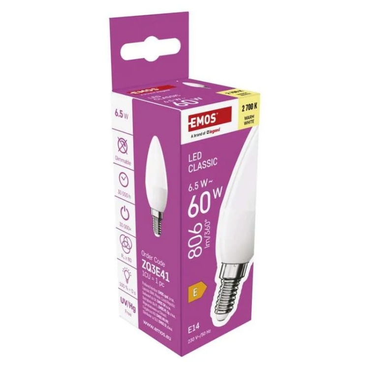 Żarówka LED Classic świeczka E14 6,5W=60W 2700K 806lm EMOS ZQ3E41 bok