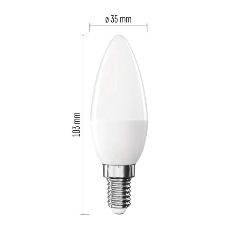 Żarówka LED Classic świeczka E14 6,5W=60W 4000K 806lm EMOS ZQ3E43  wymiary