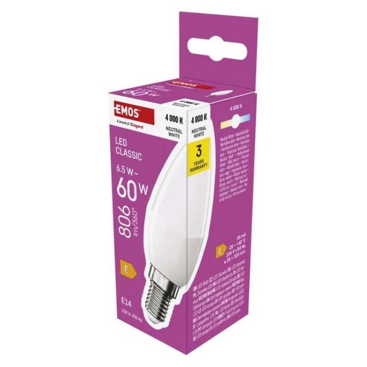 Żarówka LED Classic świeczka E14 6,5W=60W 4000K 806lm EMOS ZQ3E43 opakowanie