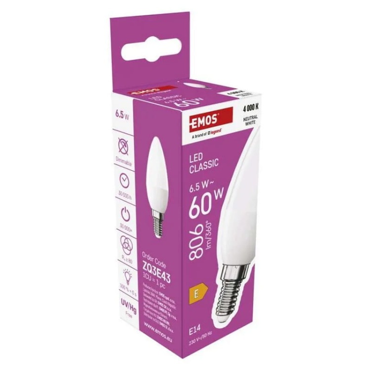 Żarówka LED Classic świeczka E14 6,5W=60W 4000K 806lm EMOS ZQ3E43 opakowanie bok