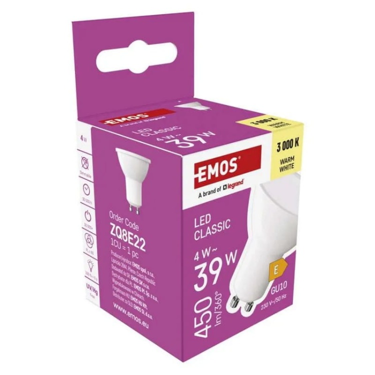 Żarówka LED GU10 Classic 4W=39W 450lm biała ciepła 3000K EMOS opakowanie bok