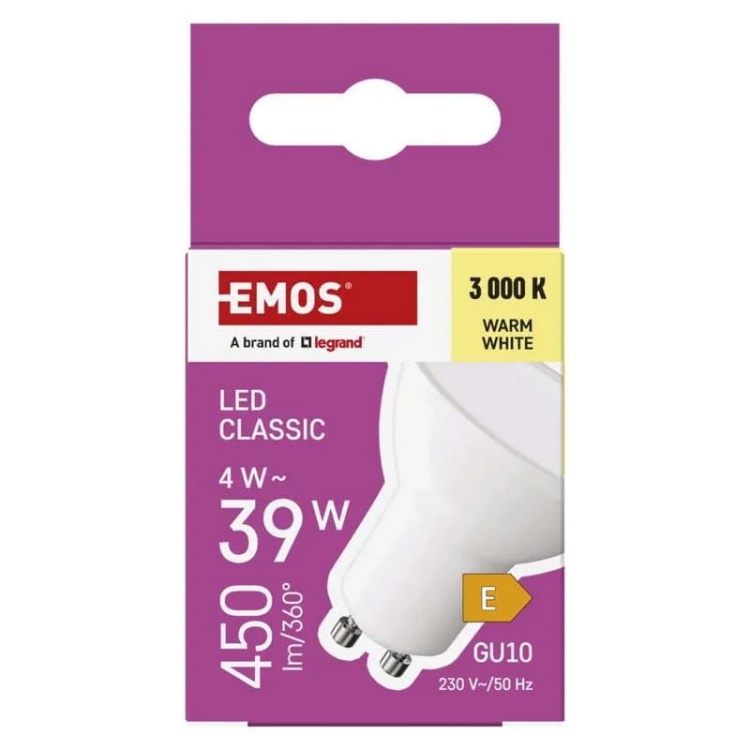 Żarówka LED GU10 Classic 4W=39W 450lm biała ciepła 3000K EMOS opakowanie front