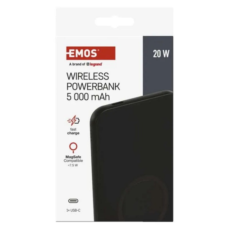 Powerbank WI 521 5000 mAh 20W + Wireless czarny EMOS opakowanie front