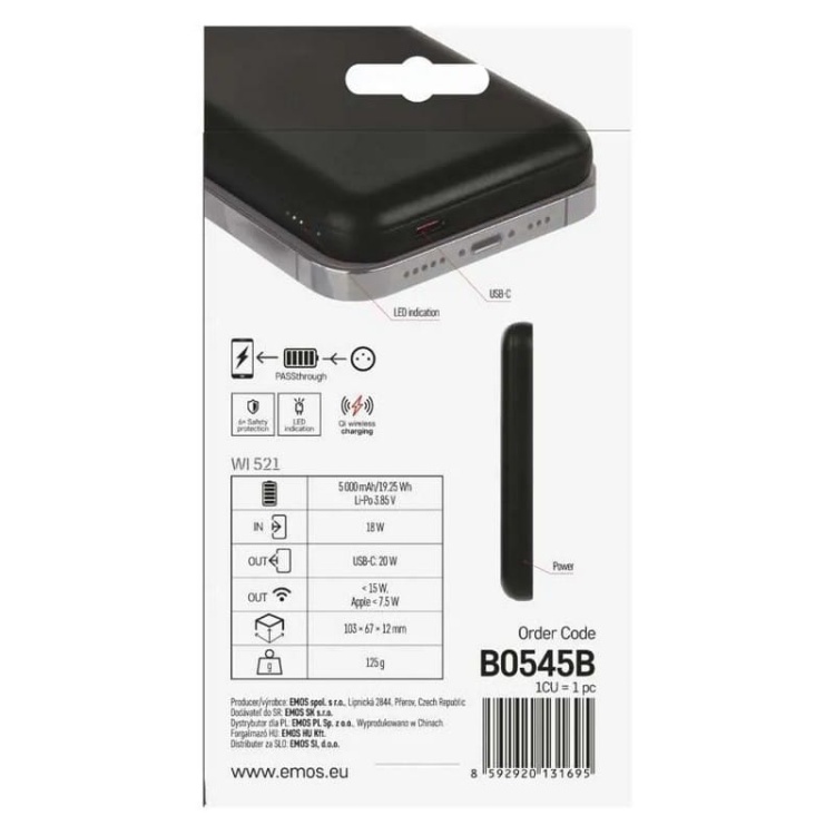 Powerbank WI 521 5000 mAh 20W + Wireless czarny EMOS opakowanie tył