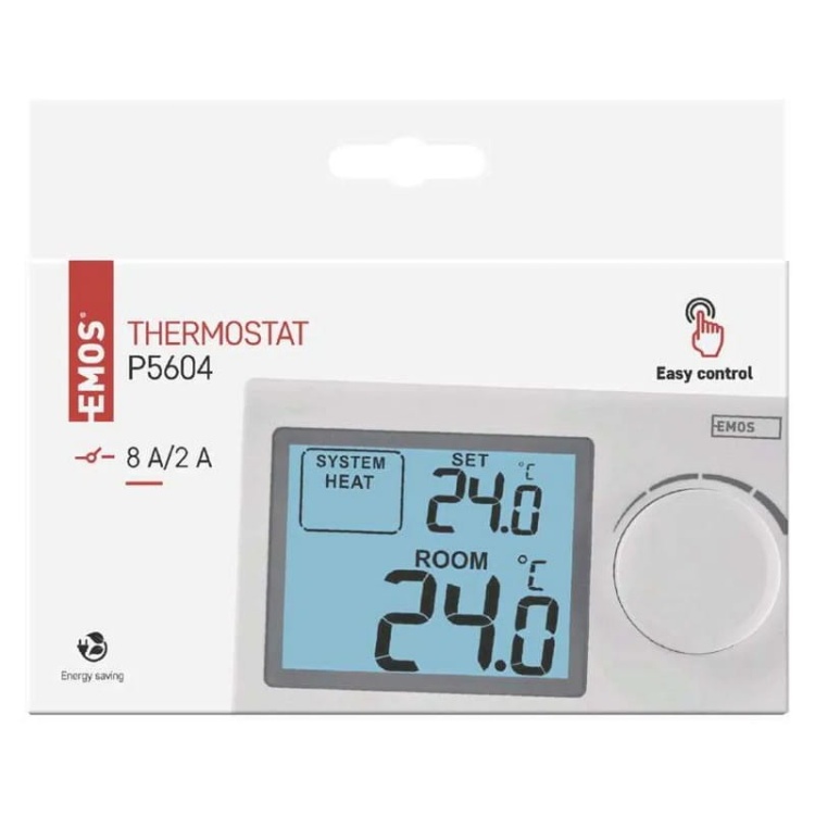 Ręczny termostat pokojowy przewodowy EMOS P5604 opakowanie front