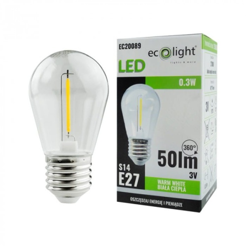 Żarówka filament S14 LED 3V E27 0,3W 2700K 50lm Ecolight + opakowanie