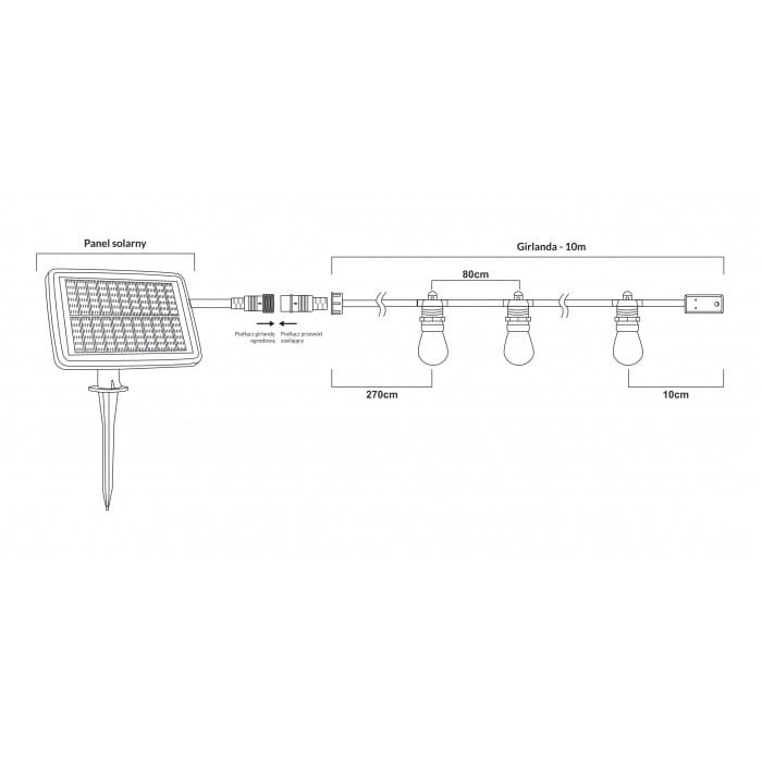 Girlanda solarna 10x E27 0,3W 2700K 50lm 10m IP44 Ecolight wymiary