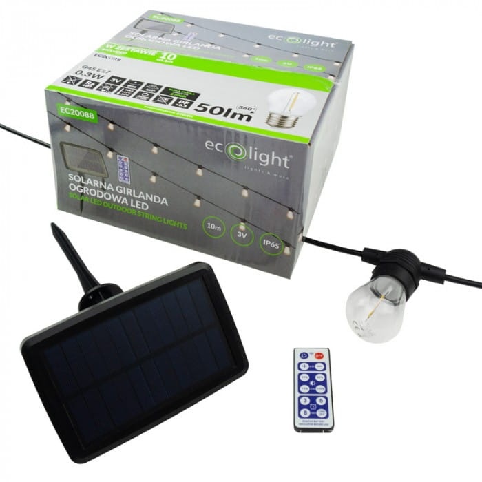 Girlanda solarna 10x E27 0,3W 2700K 50lm 10m IP44 Ecolight opakowanie