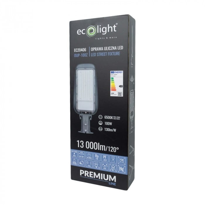 Oprawa uliczna LED PREMIUM 100W 6500K 13000lm IP65 szara Ecolight EC20406 opakowanie