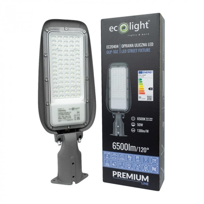 Oprawa uliczna LED PREMIUM 50W 6500K 6500lm IP65 szara Ecolight EC20404 + opakowanie
