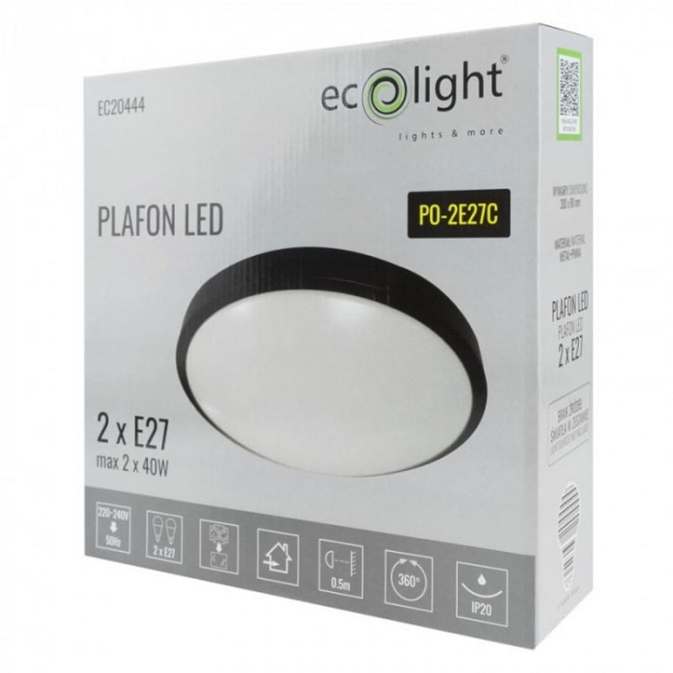 Plafoniera 2x40W E27 okrągła Ø305mm czarna IP20 Ecolight EC20444 opakowanie