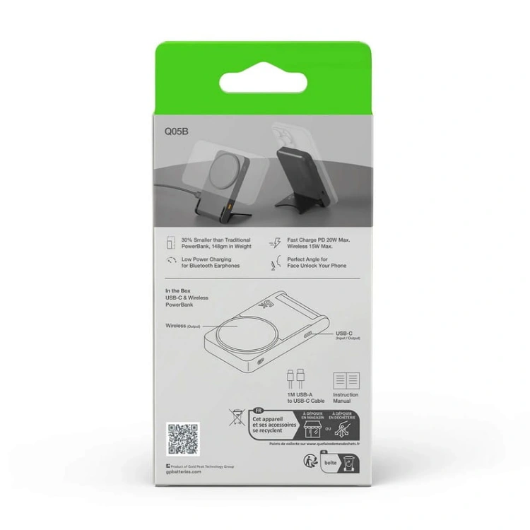 Powerbank Q05B z funkcją ładowania indukcyjnego 5000mAh 20W czarny GP opakowanie tył