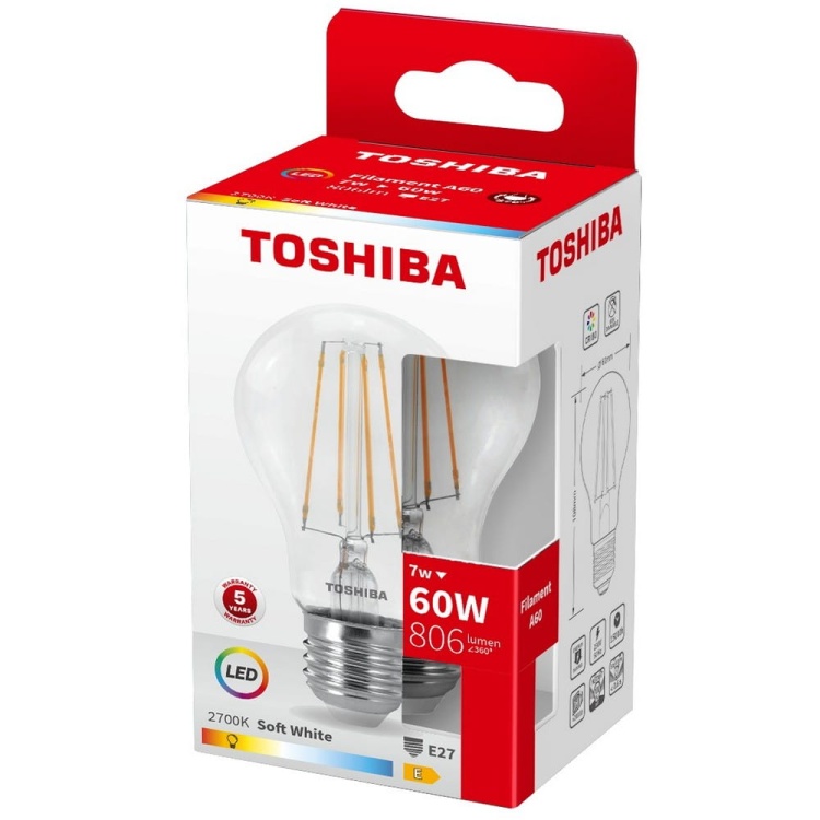 Żarówka LED E27 A60 7W 806lm b. ciepła 2700K kąt 270° TOSHIBA