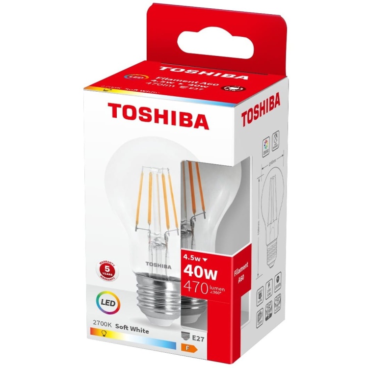 Żarówka LED E27 A60 4.5W 470lm b. ciepła 2700K kąt 270° TOSHIBA opakowanie