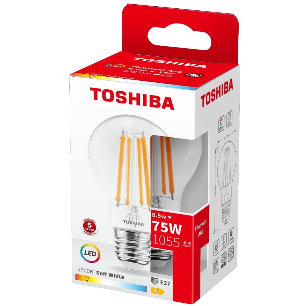 Żarówka LED E27 A60 8.5W 1055lm b. ciepła 2700K kąt 270° TOSHIBA opakowanie