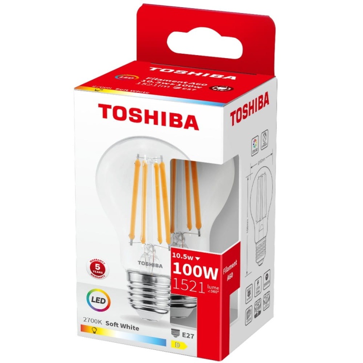 Żarówka LED E27 A60 10.5W 1521lm b. ciepła 2700K kąt 270° TOSHIBA opakowanie