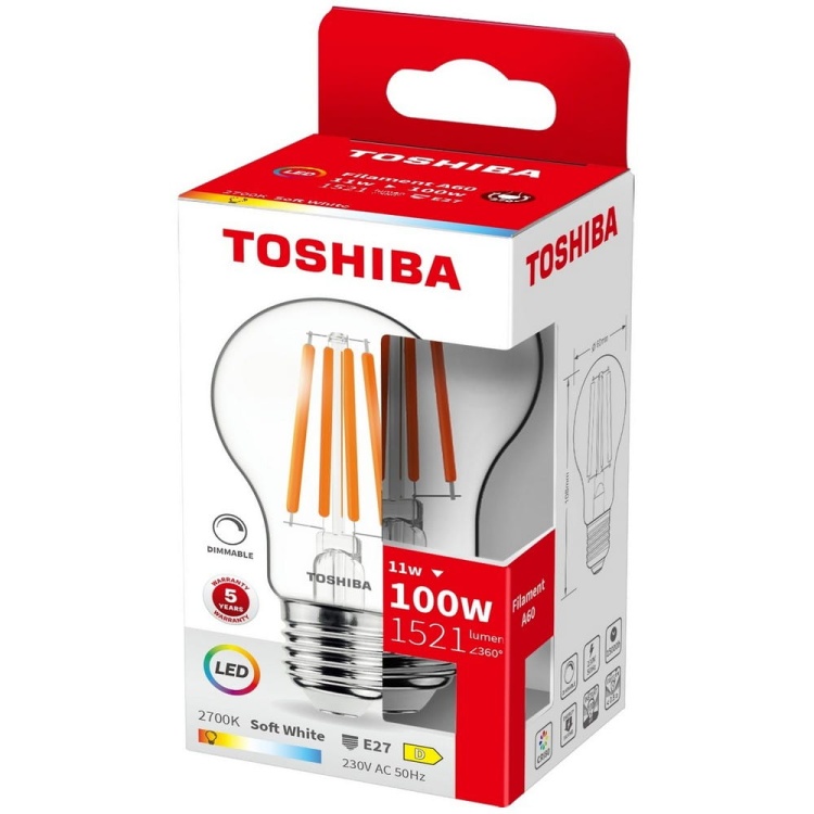 Żarówka LED ściemnialna E27 A60 11W 1521lm b. ciepła 2700K kąt 270° TOSHIBA opakowanie