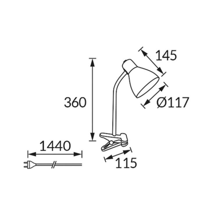 Lampka biurkowa KATI CLIP E27 max 15W IP20 czarna STRÜHM wymiary
