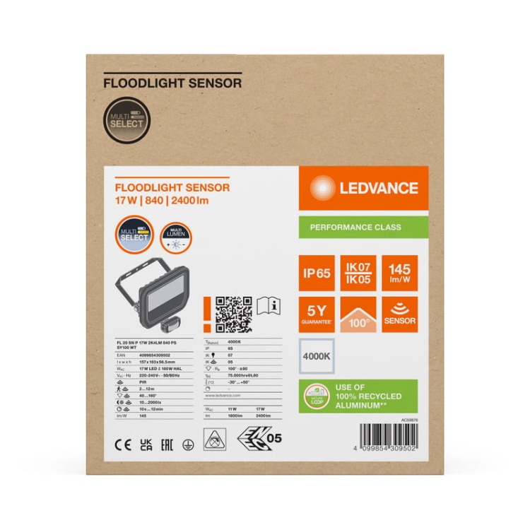 Naświetlacz LED FL20 SN P 17W/11W 4000K 2400lm/1600lm 2K4LM PS SY100 WT IP65 z czujnikiem LEDVANCE opakowanie front
