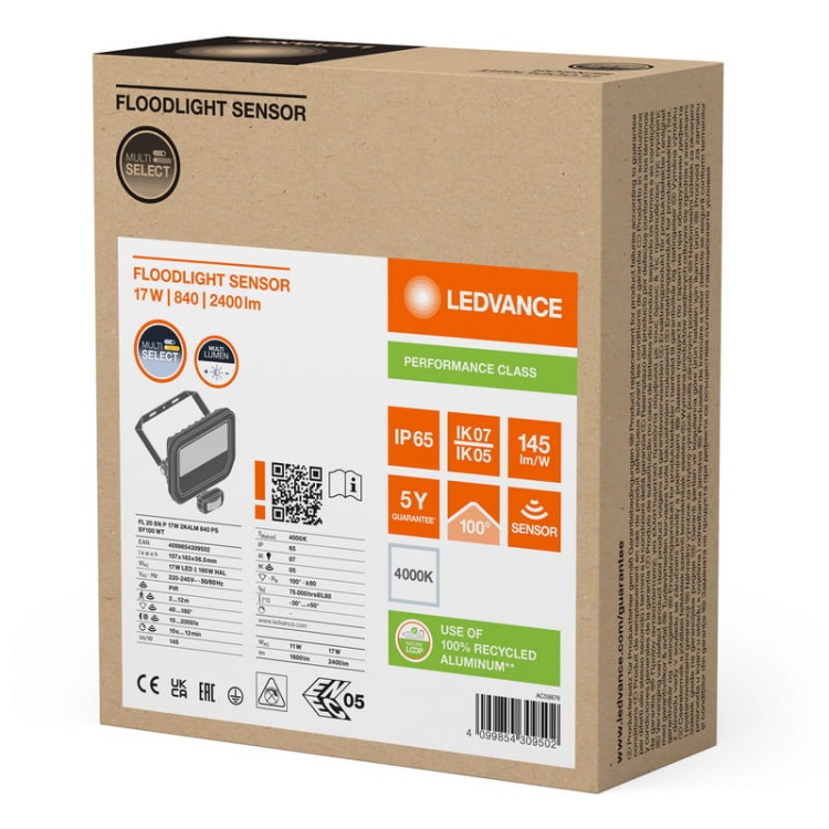 Naświetlacz LED FL20 SN P 17W/11W 4000K 2400lm/1600lm 2K4LM PS SY100 WT IP65 z czujnikiem LEDVANCE front