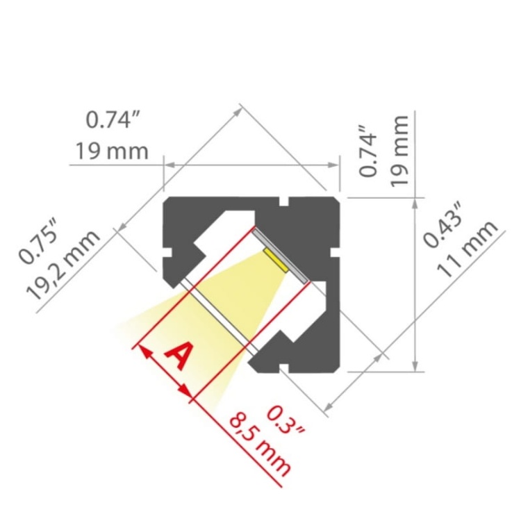 Profil LED 45-PLUS biały bez przesłony, odcinki: 1m, 2m, 3m wymiary