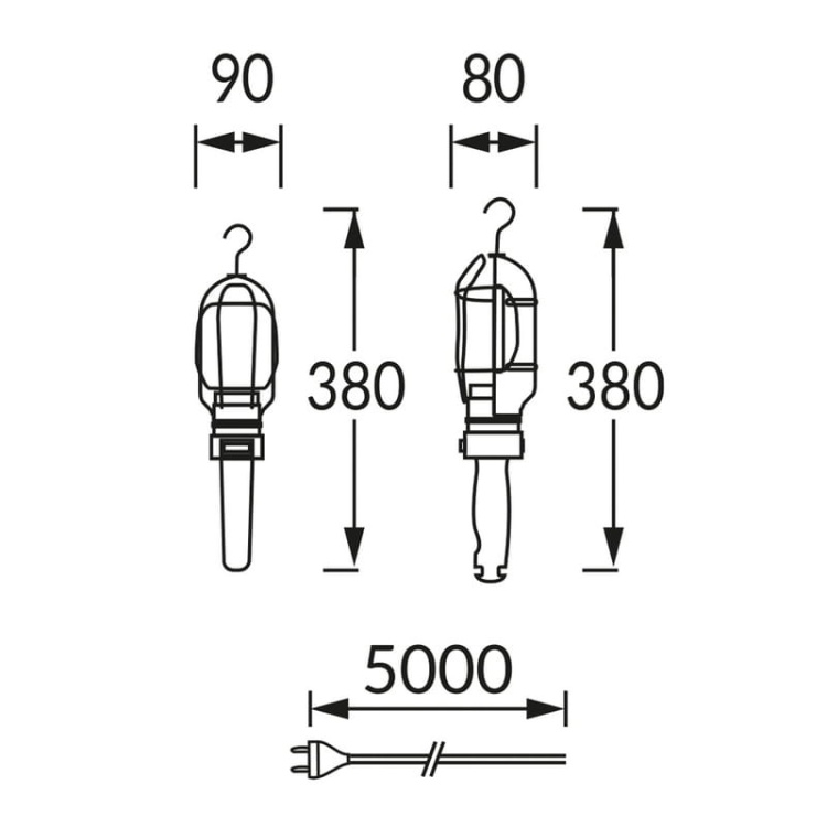 Lampa warsztatowa WARTA E27 60W z hakiem przewód 5m STRÜHM wymiary