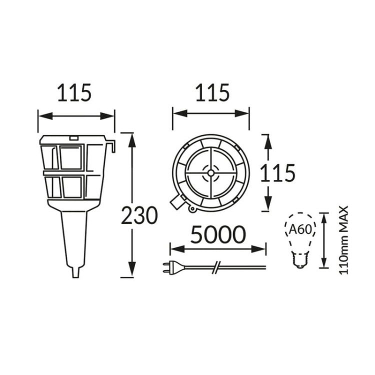 Lampa warsztatowa ERNEST E27 60W przewód 5m STRÜHM wymiary