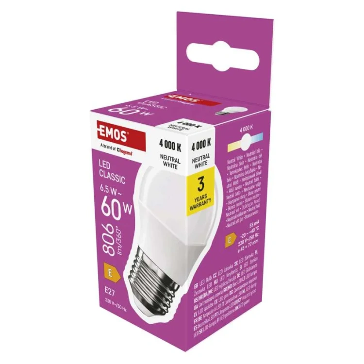 Żarówka LED E27 classic mini globe 6,5W (60 W) 806 lm biała ciepła 2700K EMOS