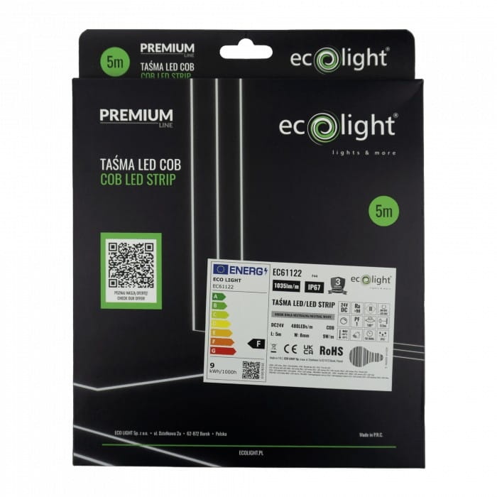 Taśma LED COB 24V 480 45W 4000K 1035lm IP67 5m Ecolight opakowanie